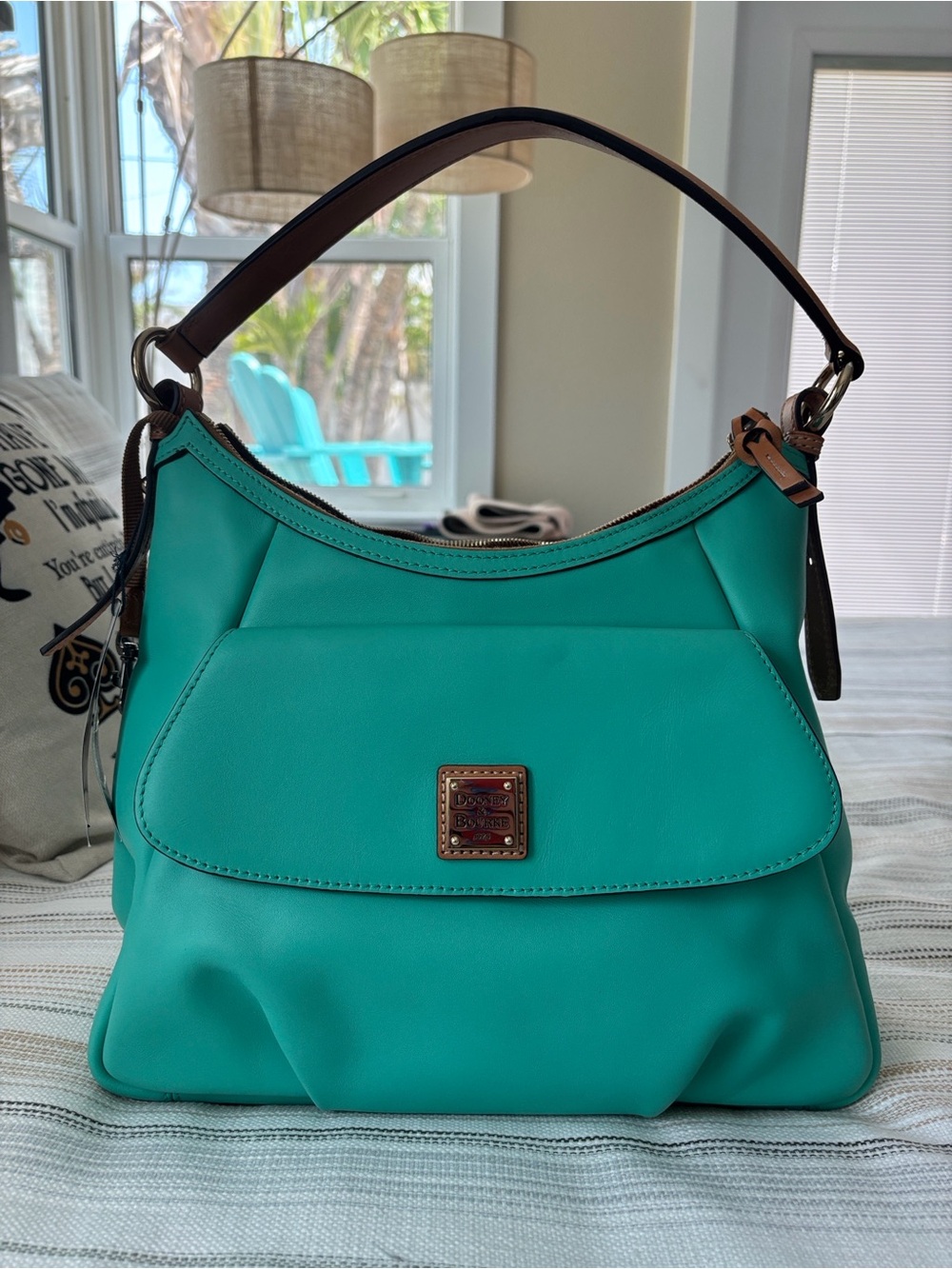 Dooney & Bourke Turquoise Leather Shoulder Bag with Brown Trim